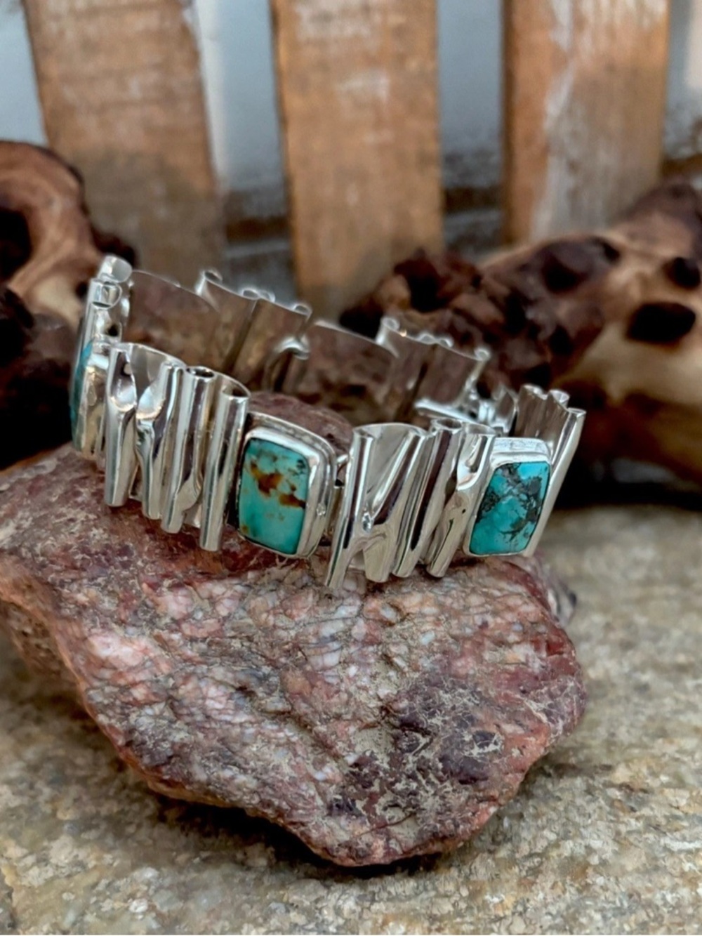 VTG Navajo Sterling Silver Natural Turquoise Rain Bar Bracelet Signed Yazzie NEW
